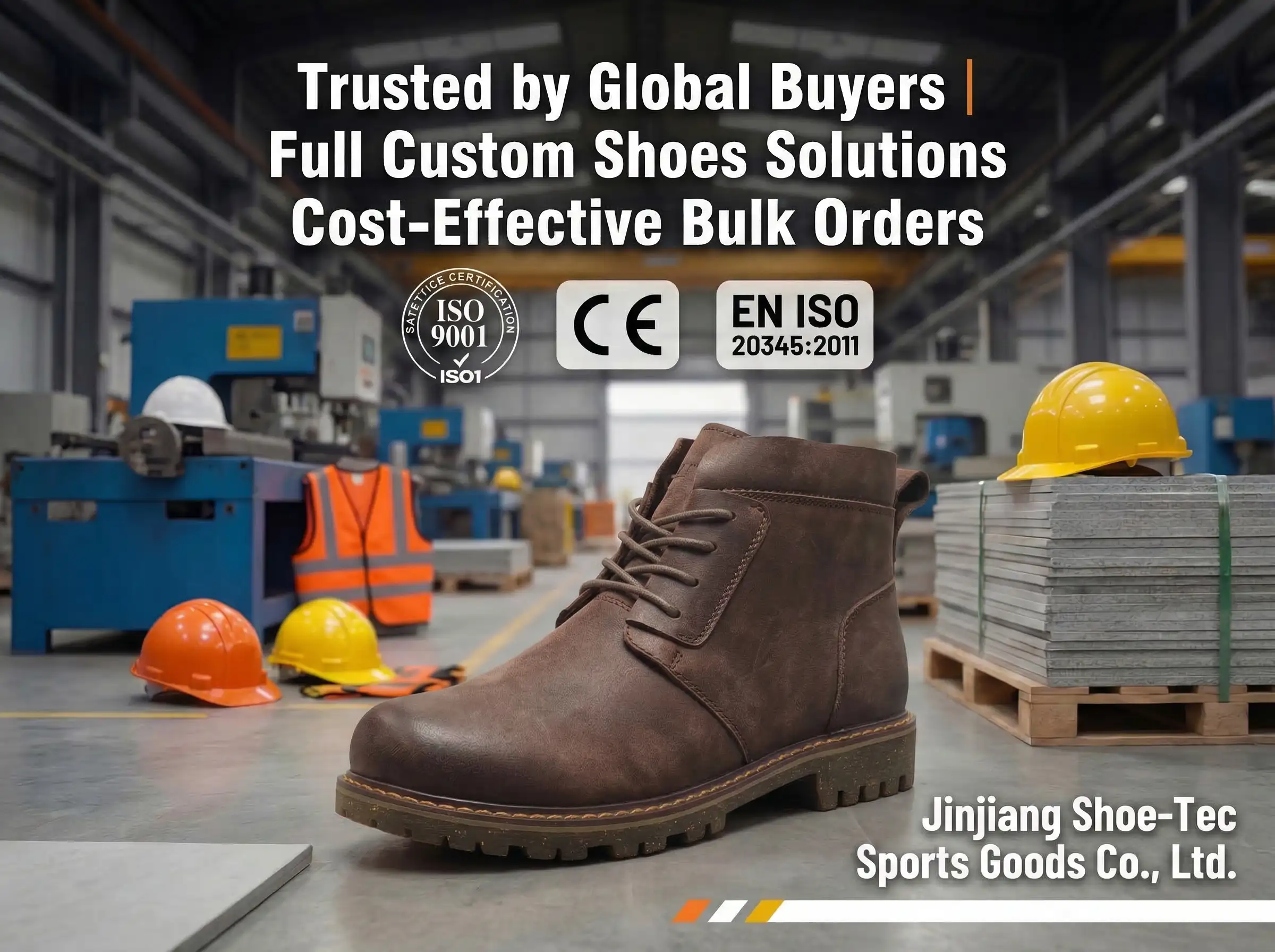 A lineup of rugged composite toe work shoes displayed on an industrial workshop floor, highlighting comfort and protection from a leading composite toe shoe manufacturer.