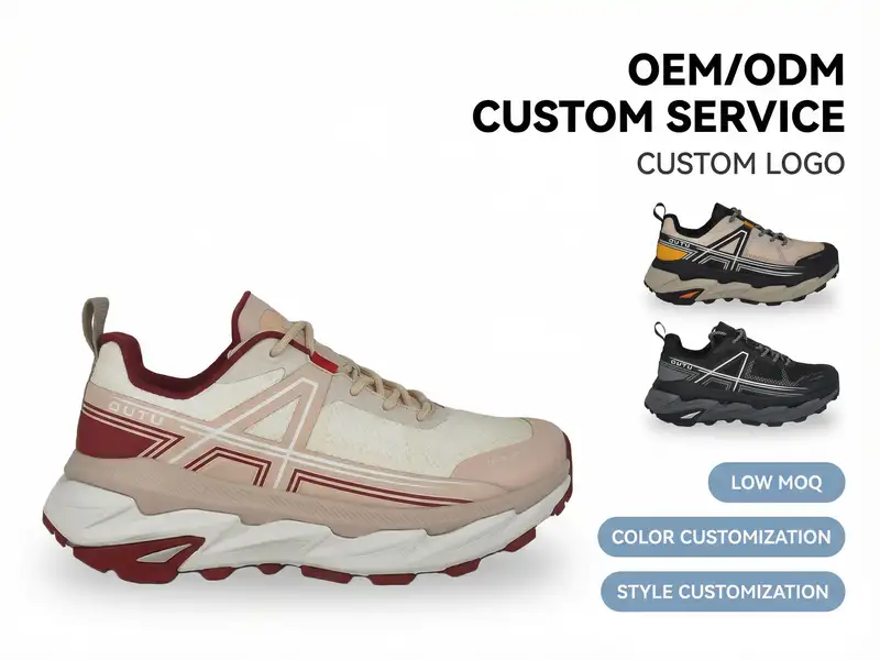 Designer testing grip patterns on custom trail running shoe prototypes in a design lab setting.