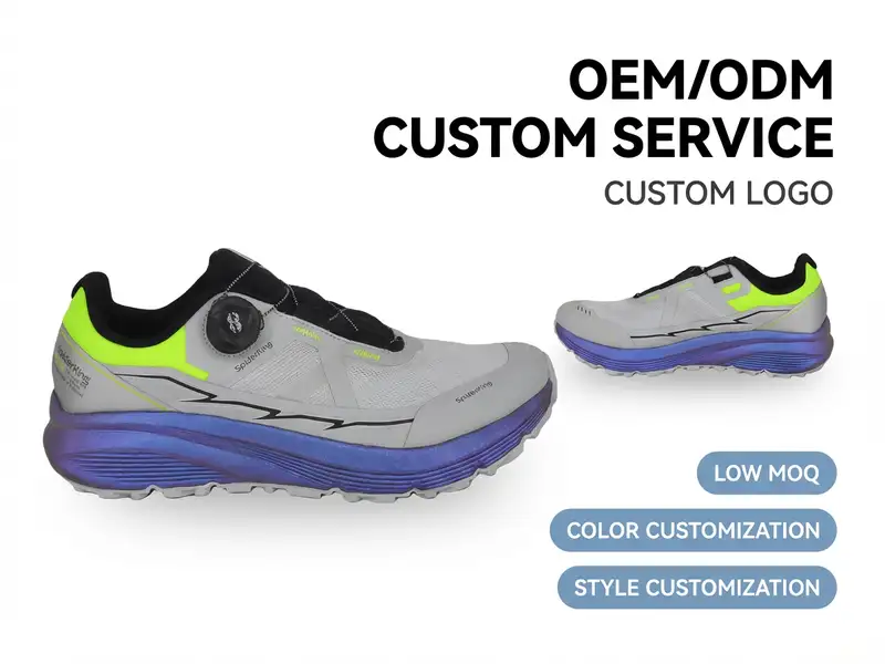 Assembly workers sorting small-batch trail running shoes for packaging in a modern production area.