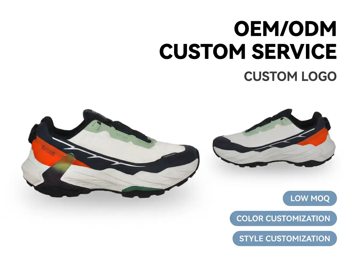 QC expert assessing tread depth and foam resilience on trail running shoes under controlled lab conditions.