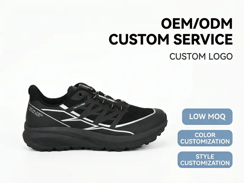 OEM coordination team reviewing trail running shoe samples and production schedules in a conference room.