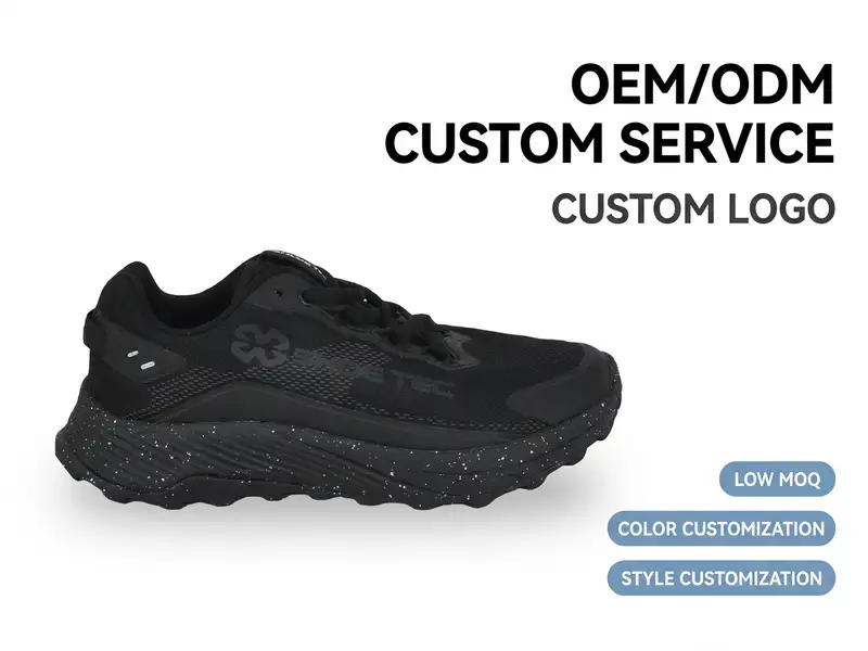 Warehouse staff loading boxes of trail running shoes onto a shipping pallet marked for international delivery.