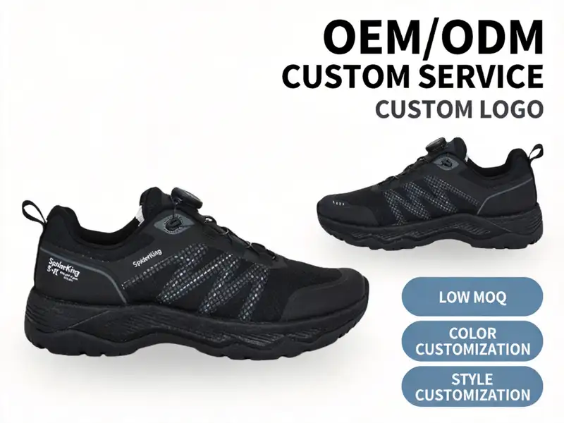 Product designer inspecting private label trekking shoe samples on a display shelf in a design center.