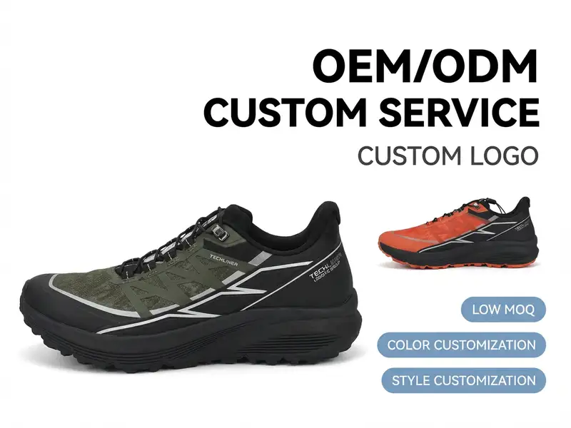 OEM development team reviewing trekking shoe design blueprints and material samples in a collaborative workspace.