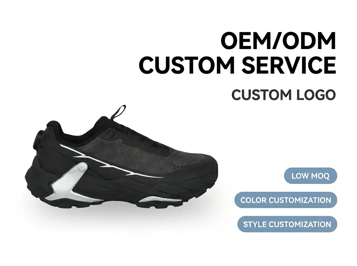 Technician shaping custom trekking shoe soles using specialized machinery inside a modern factory.