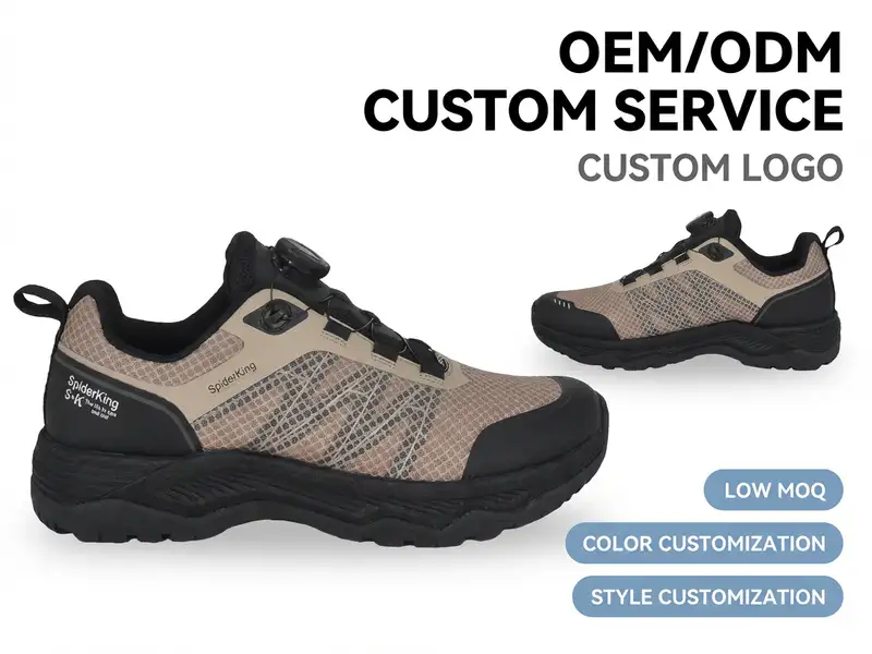 Production staff assembling small batches of trekking shoes on a clean, semi-automated assembly line.