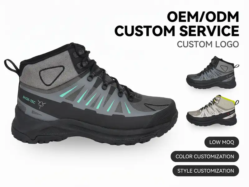 Operations manager coordinating multiple waterproof shoe models during a logistics and quality review meeting.