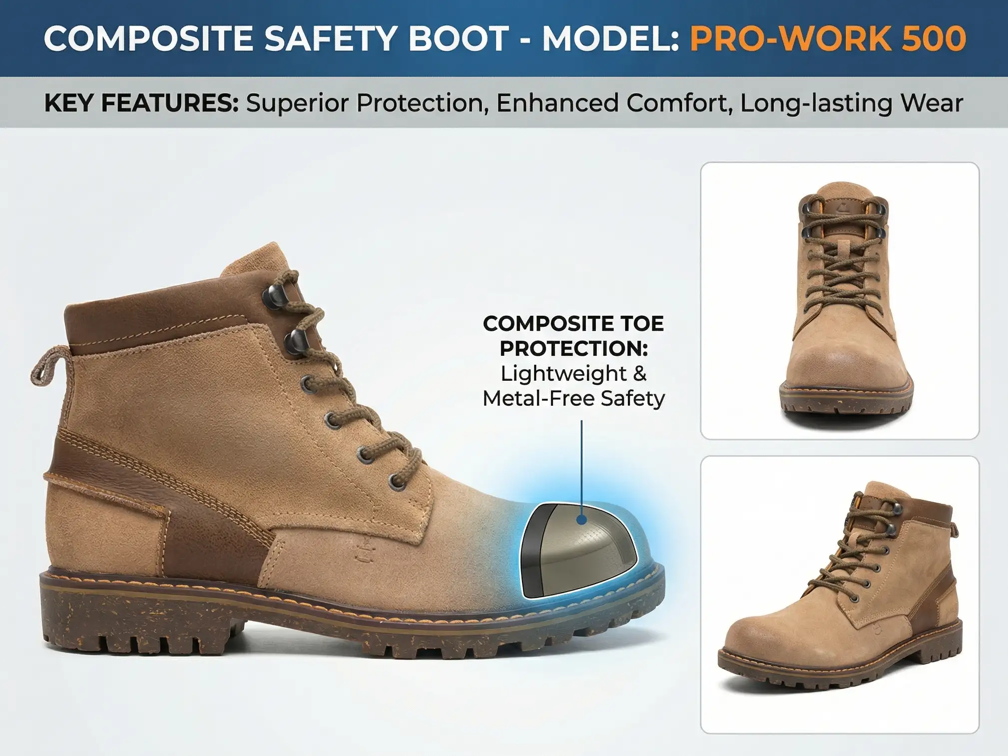 QC specialist evaluating tread wear and composite toe integrity under bright inspection lighting.