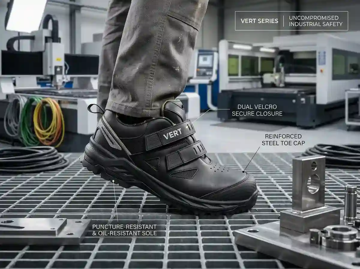 Worker stepping confidently on a construction floor scattered with nails while wearing puncture resistant shoes.