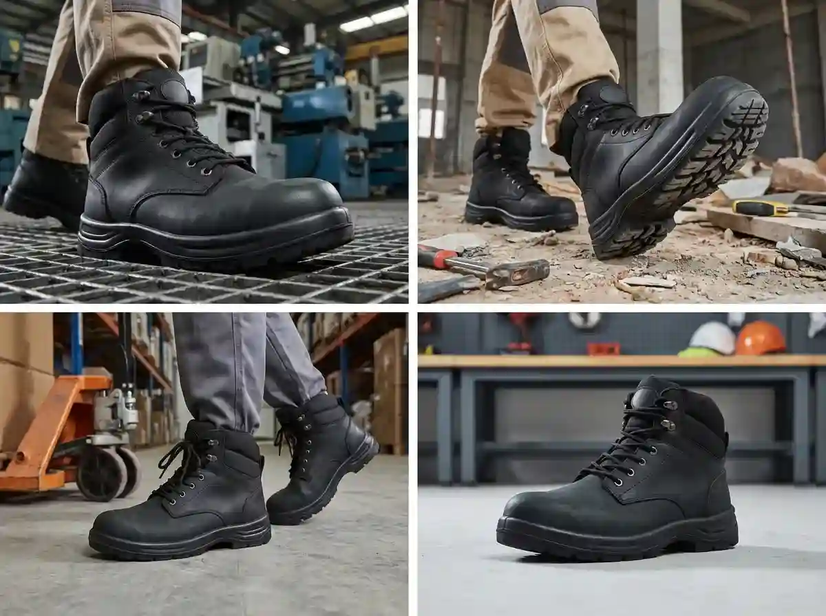 Quality engineer examining composite toe puncture resistant boots with reinforcement diagrams on a tablet.