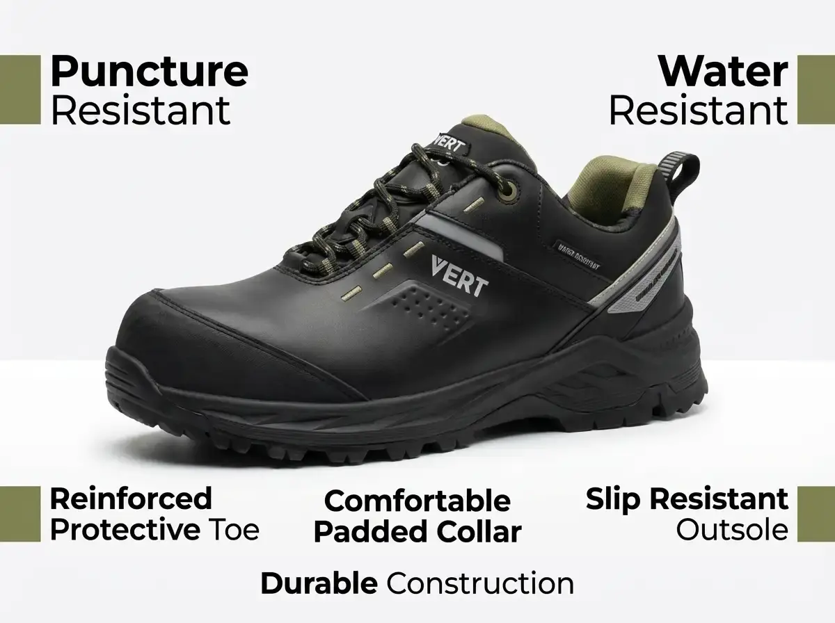 Product designer reviewing private label puncture resistant shoe sketches beside prototypes and brand mood boards.