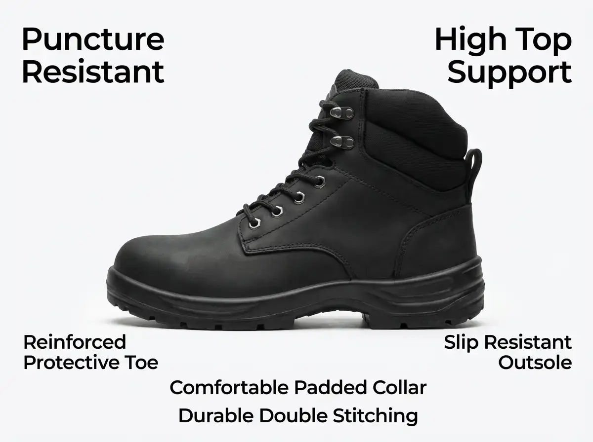 QC inspector pressing metal spikes against shoe soles during puncture resistance tests under lab conditions.