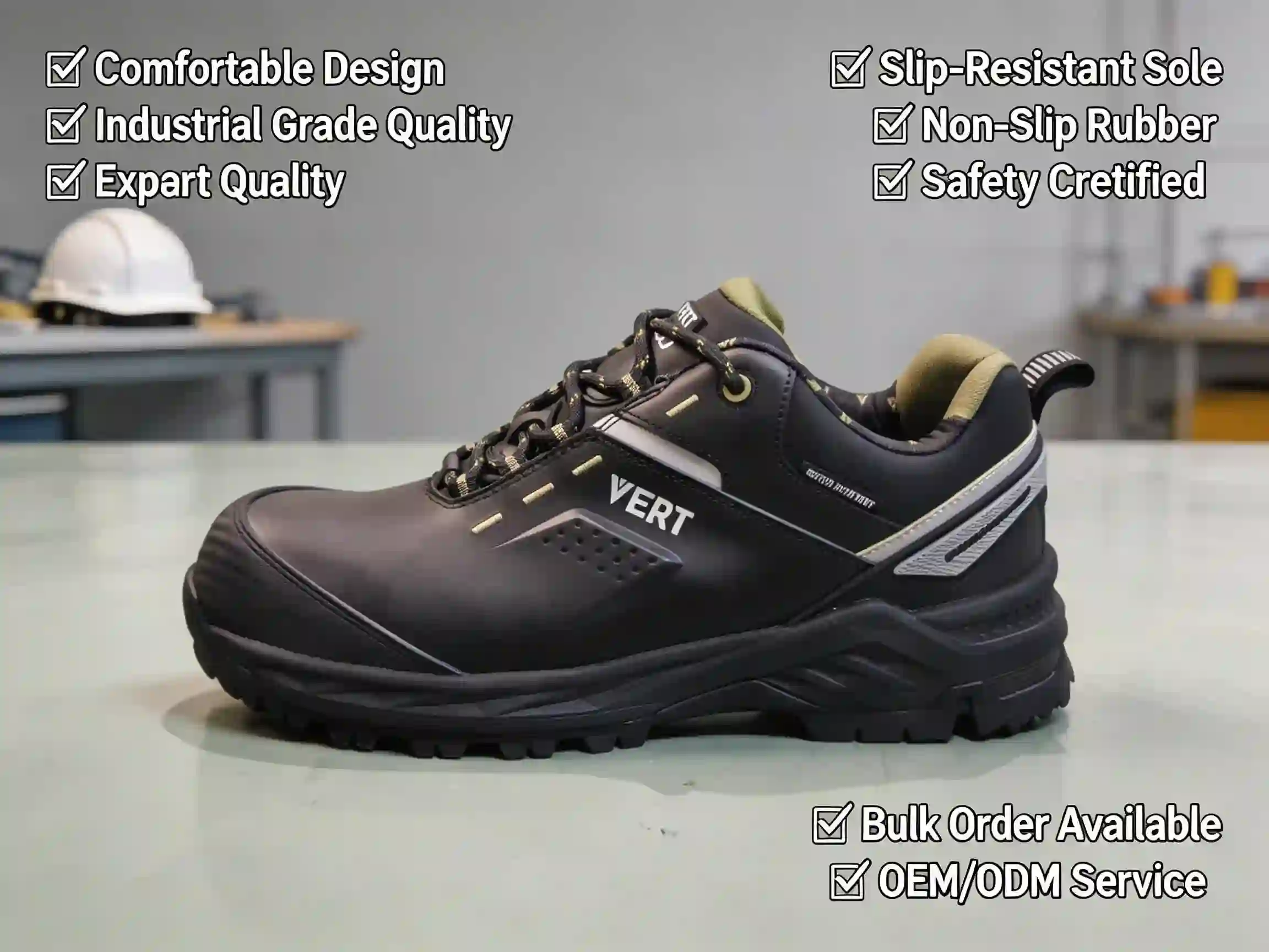 Restaurant kitchen staff wearing black non-slip work shoes while plating dishes at a stainless steel counter.