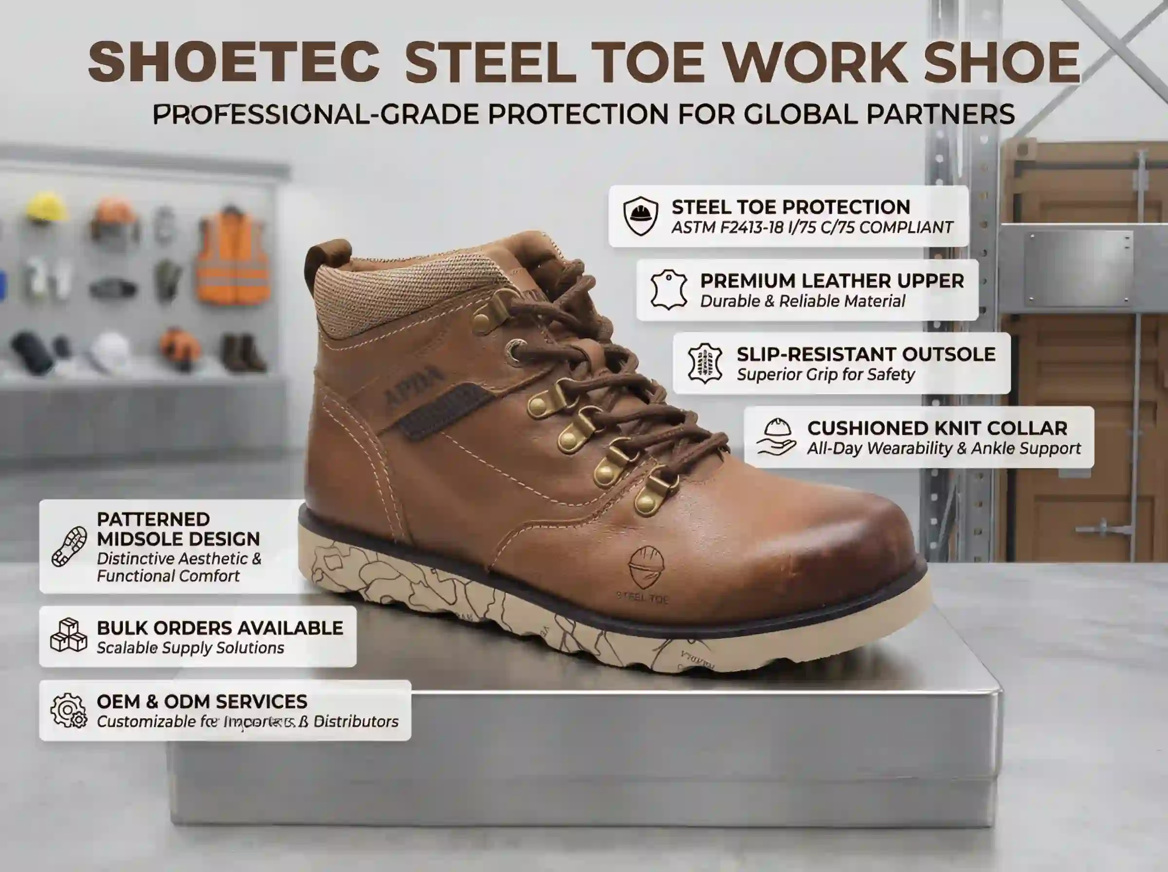 Factory technician assembling steel cap boots with precision tools under bright workshop lighting.