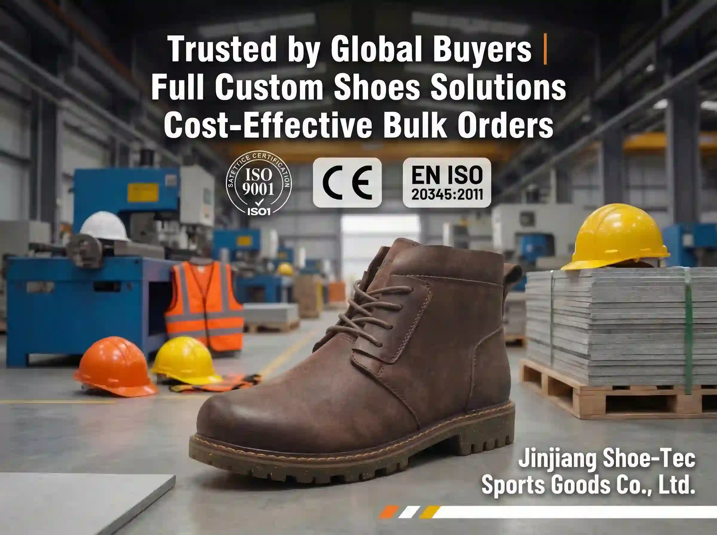 A lineup of rugged composite toe work shoes displayed on an industrial workshop floor, highlighting comfort and protection from a leading composite toe shoe manufacturer.