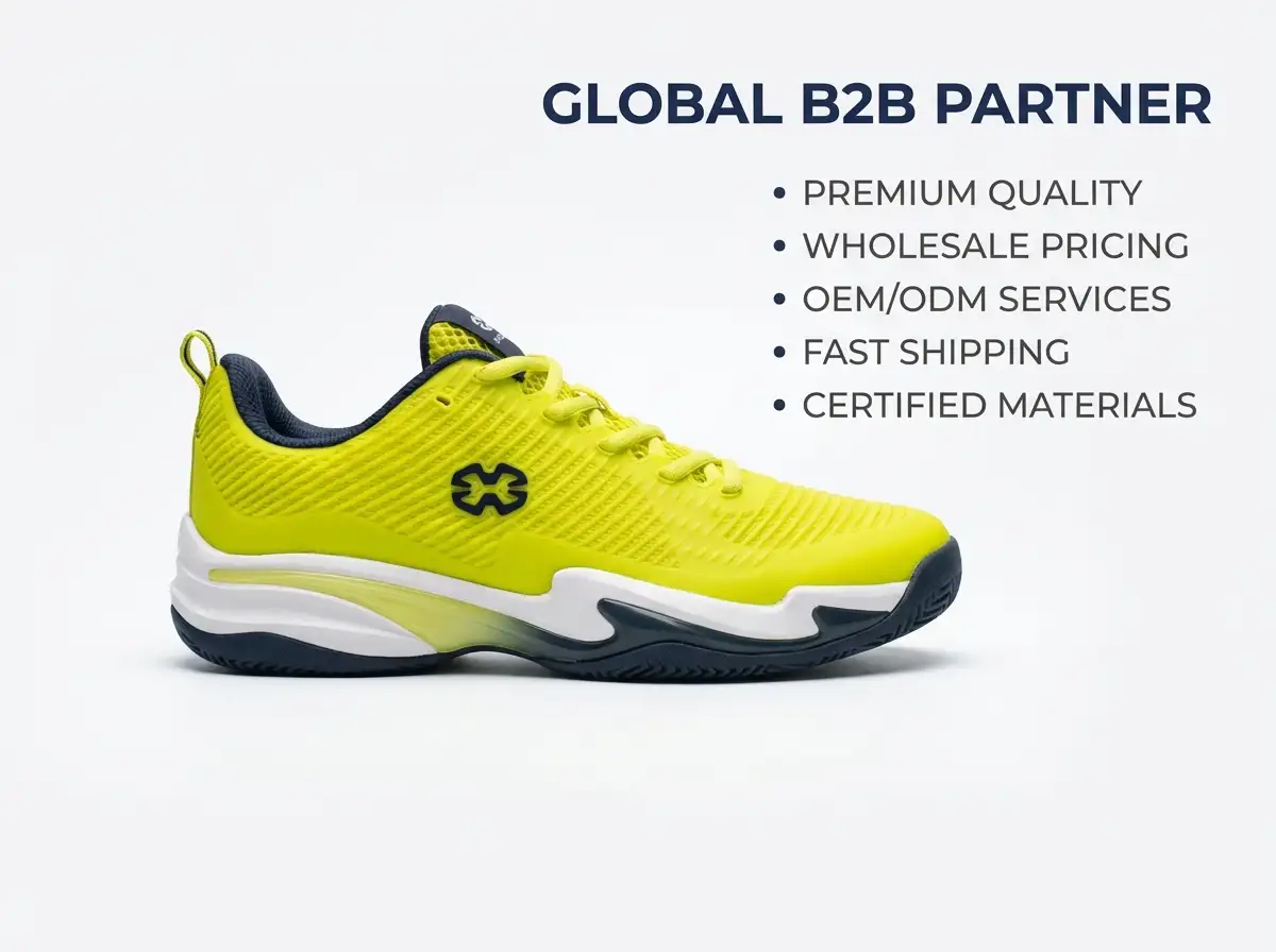 Factory line workers packing finished court shoes into branded cartons ready for export.