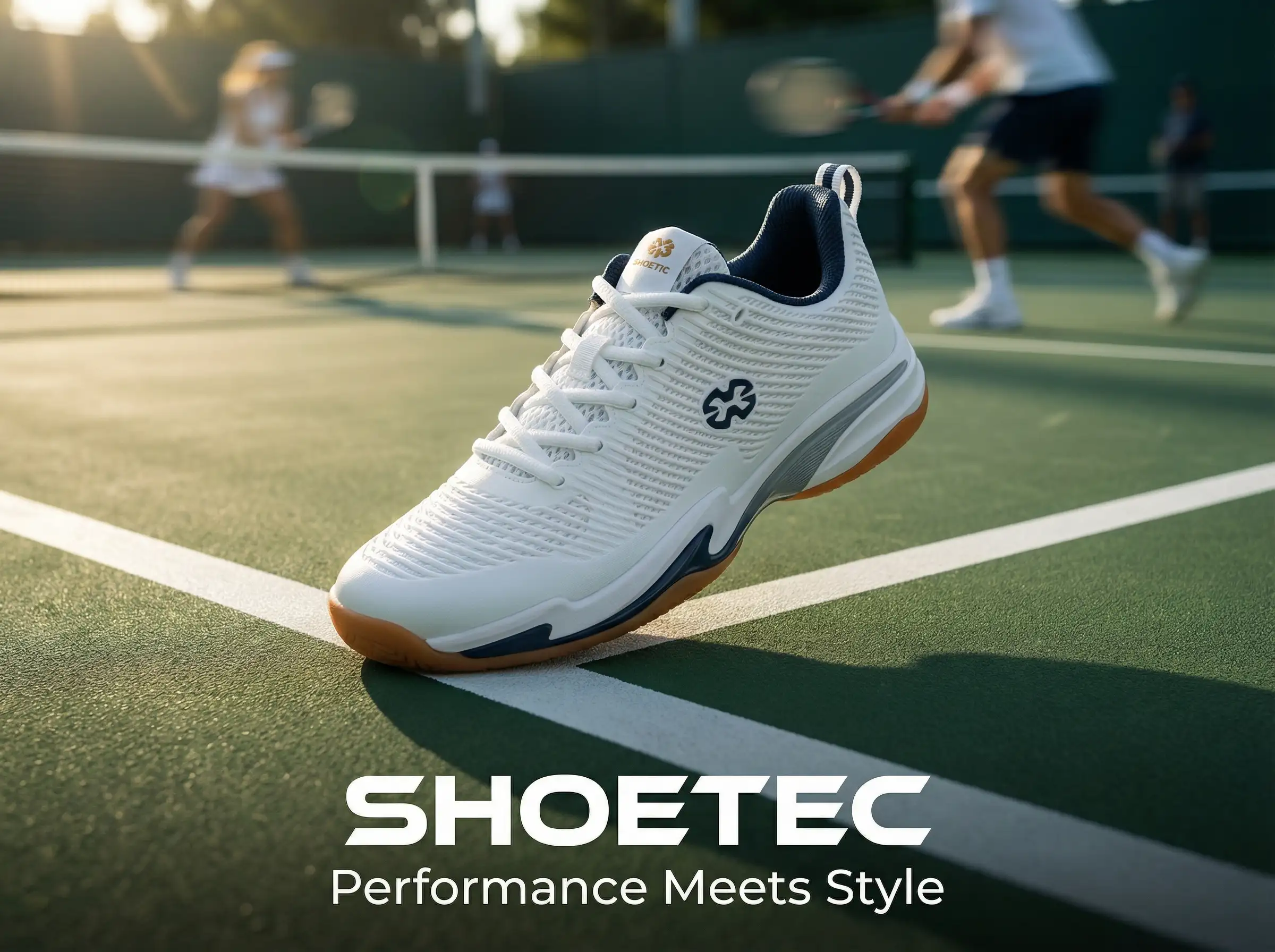 Footwear designer sketching a custom tennis shoe concept with color palettes and material samples on the table.