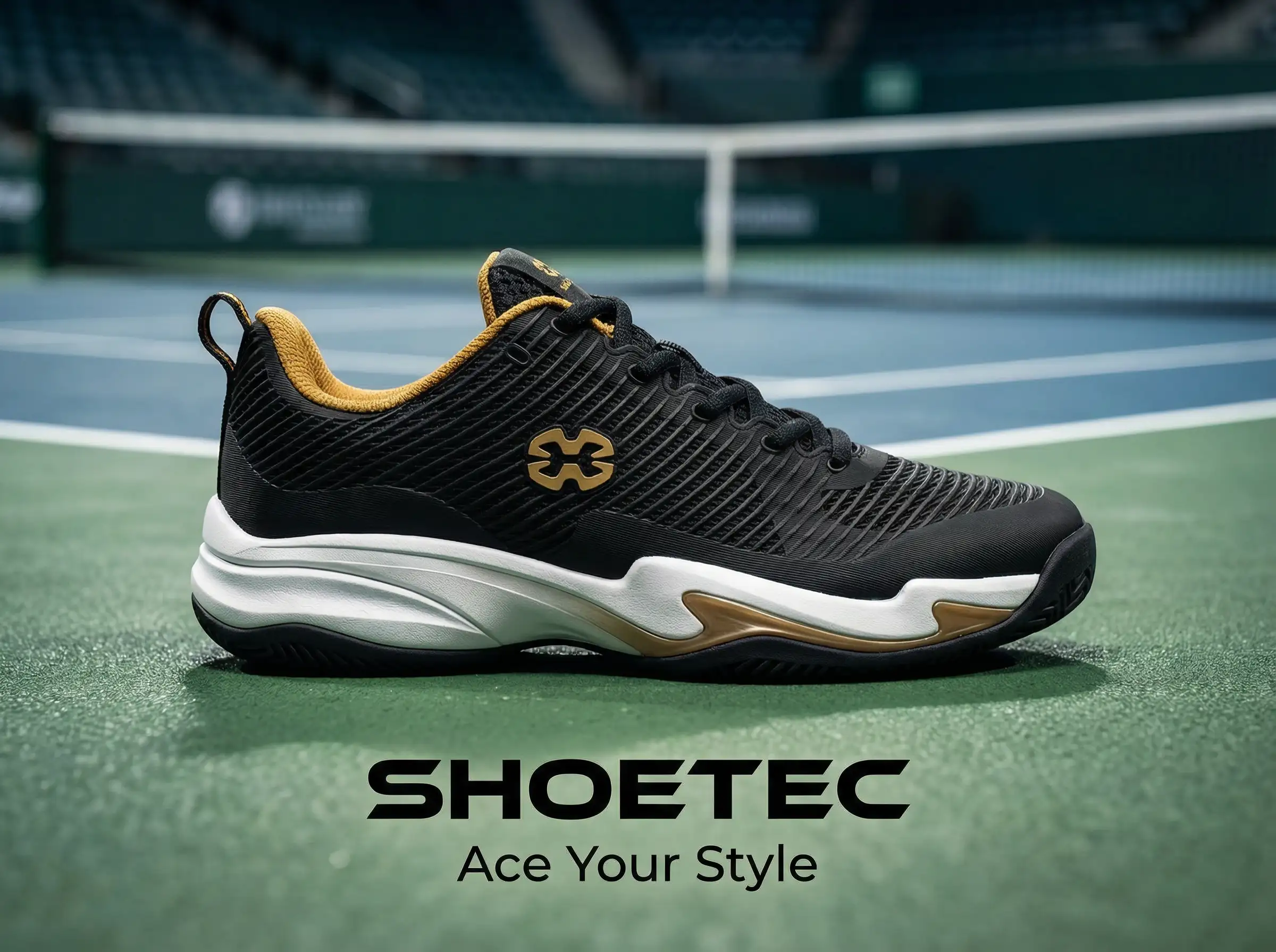 Brand manager inspecting private label tennis sneakers arranged neatly on a product display shelf.