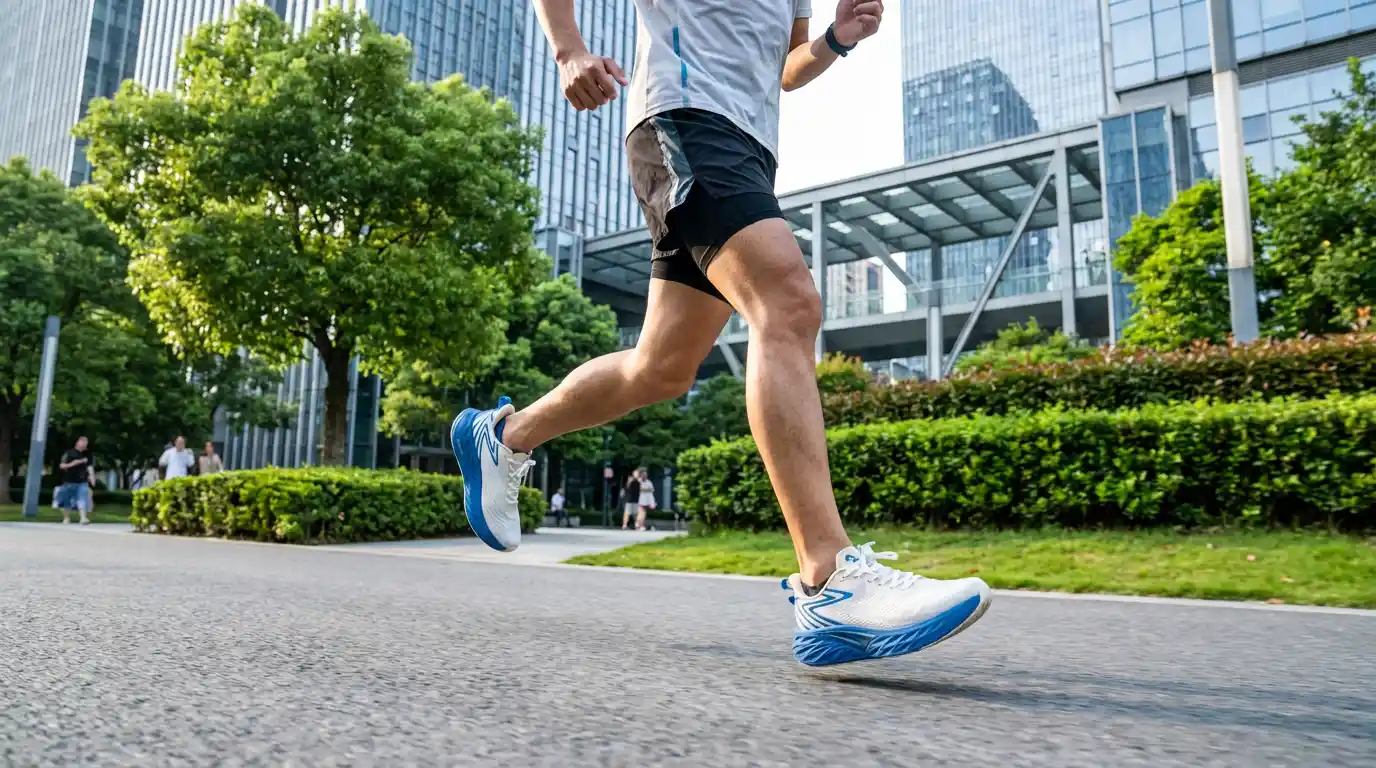 A lightweight running shoe from a custom athletic shoe manufacturer, featuring a breathable upper and shock-absorbing sole for marathon training and gym workouts.