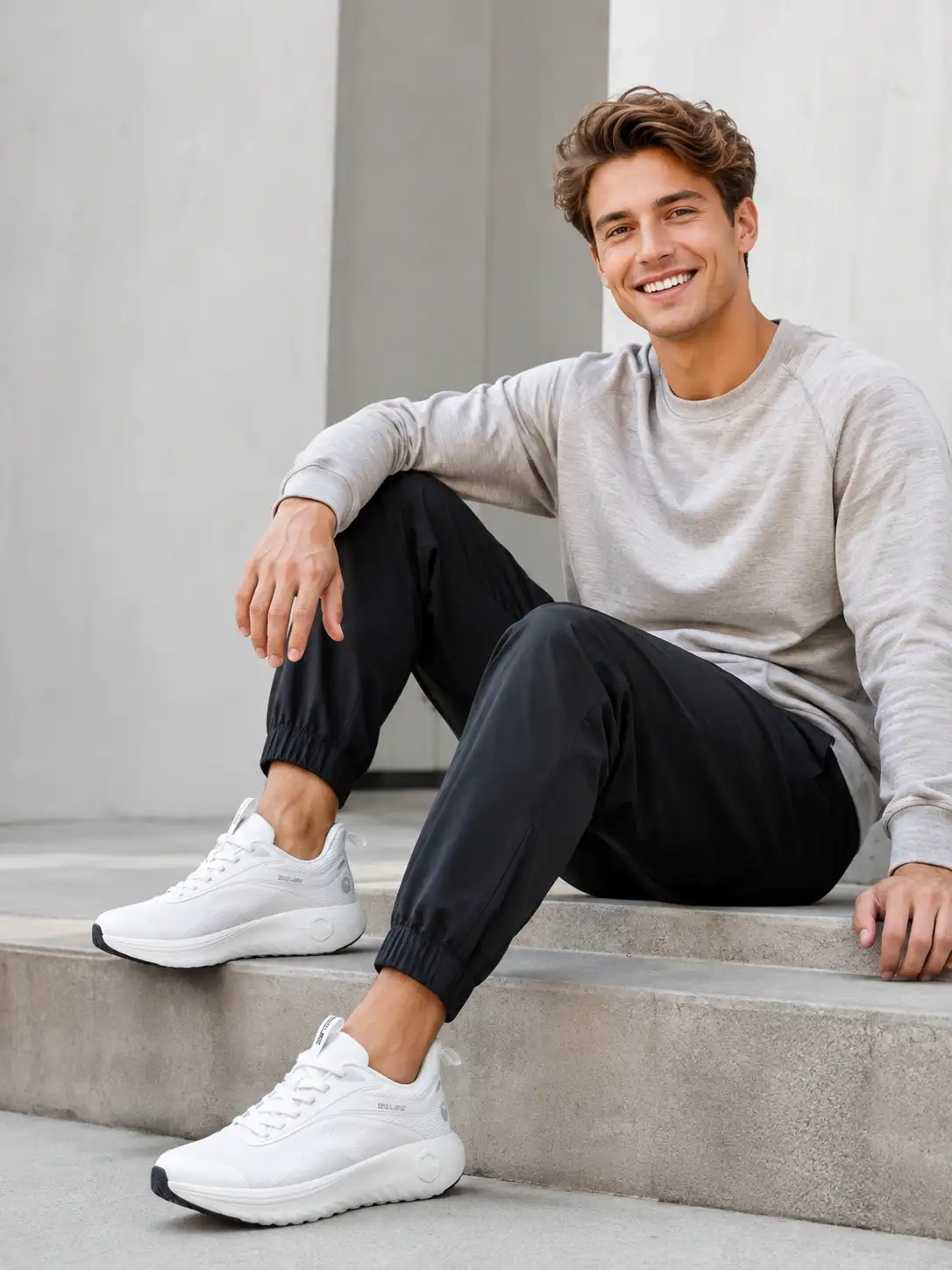 SHOE-TEC lightweight white running sneakers with cushioned EVA sole, breathable mesh upper and supportive everyday walking design for men