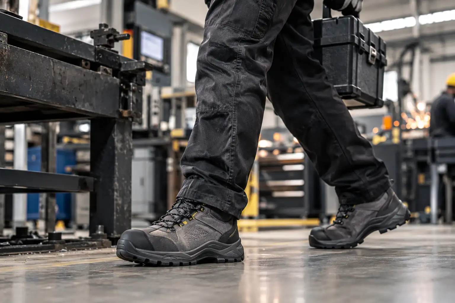 Industrial safety boots in motion at a construction worksite
