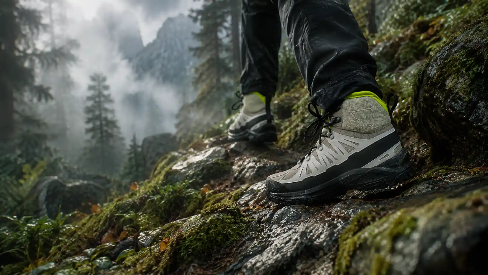 Rugged hiking boot standing on rocky terrain overlooking an alpine valley