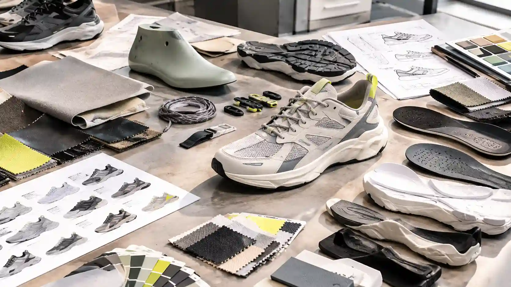 Sneaker design studio moodboard with shoe sketches, material swatches and color samples used by Shoetec for footwear development and MOQ planning