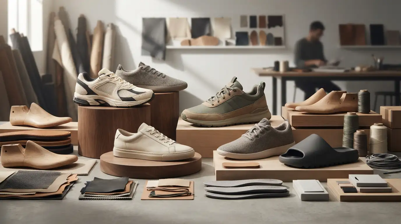 Footwear designer reviewing startup shoe collection sketches and samples in a development studio