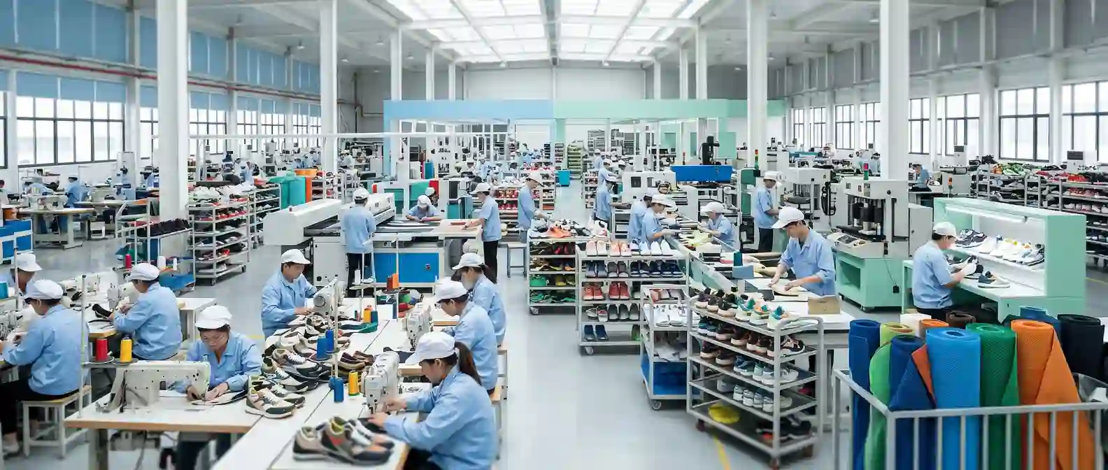 Footwear factory production floor with workers assembling shoe uppers on stitching lines