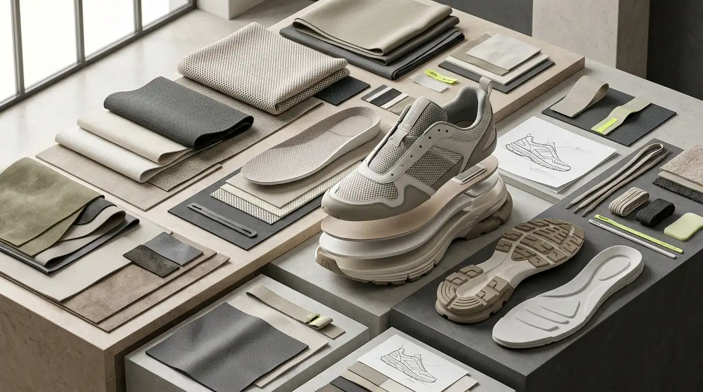 Footwear material sourcing workbench with leather uppers, fabric swatches and outsole samples arranged by Shoetec for performance shoe development